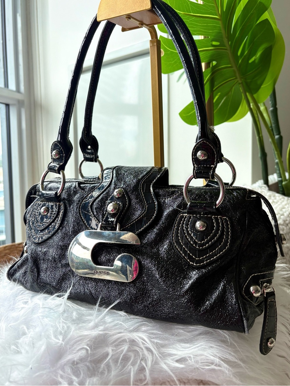 Vintage Y2K GUESS Black Patent Croc Big G Studded Satchel Shoulder Bag McBling